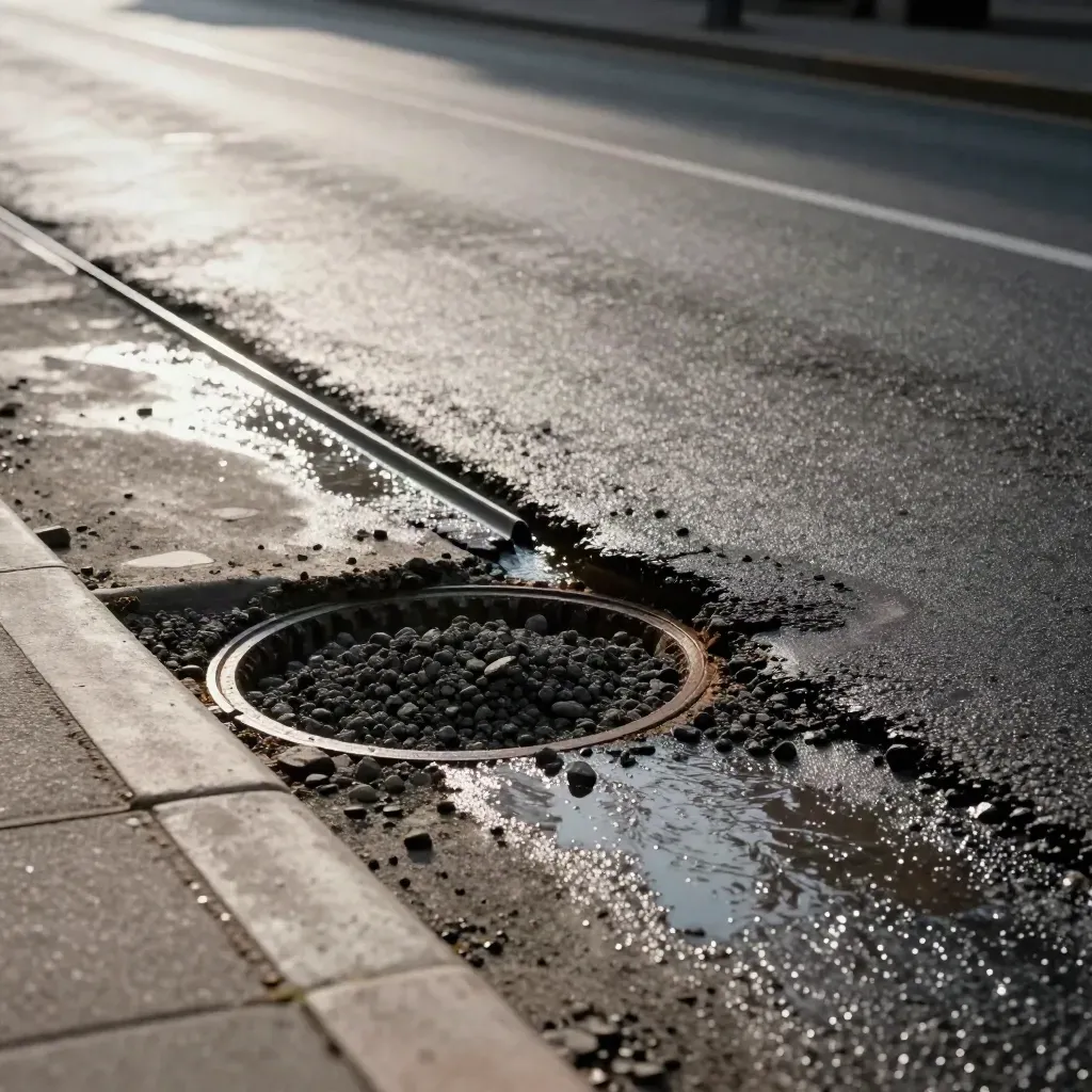 Buche riparate, chiusino riallineato e acqua che scivola via sull’asfalto bagnato.