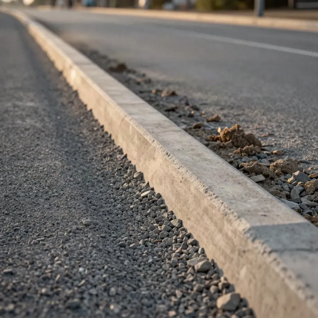 Dettaglio ravvicinato di cordoli in calcestruzzo e ghiaia compattata per un nuovo accesso urbano.
