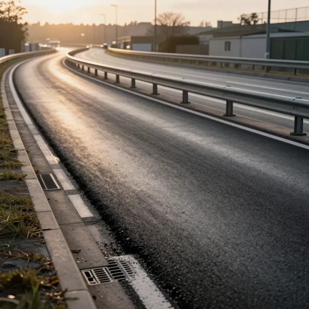 Asfalto nuovo e carreggiata riaperta sotto la pioggia, con barriere e riflessi serali a Parma Nord.