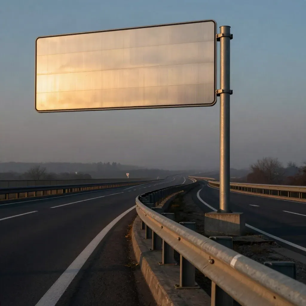Tangenziale al tramonto con nuovi sostegni segnaletici riflettenti e corsie bianche in foschia.