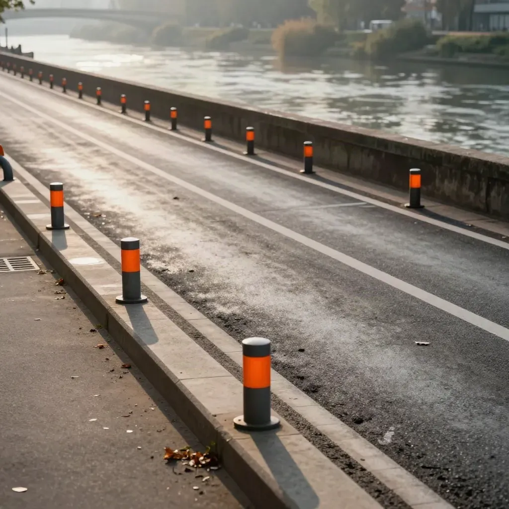 Corsia ciclabile protetta sul Tevere, con cordoli bassi e bollardi arancioni lungo il fiume.