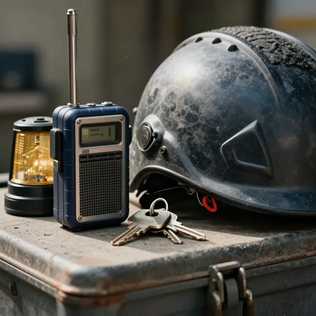 Casco tecnico, radio e chiavi barriere su cassetta attrezzi, macro dettagliato.