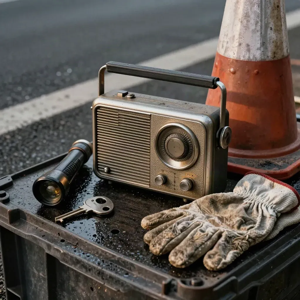Primo piano di radio da cantiere, torcia, chiave barriere, base cono e guanto su asfalto bagnato.