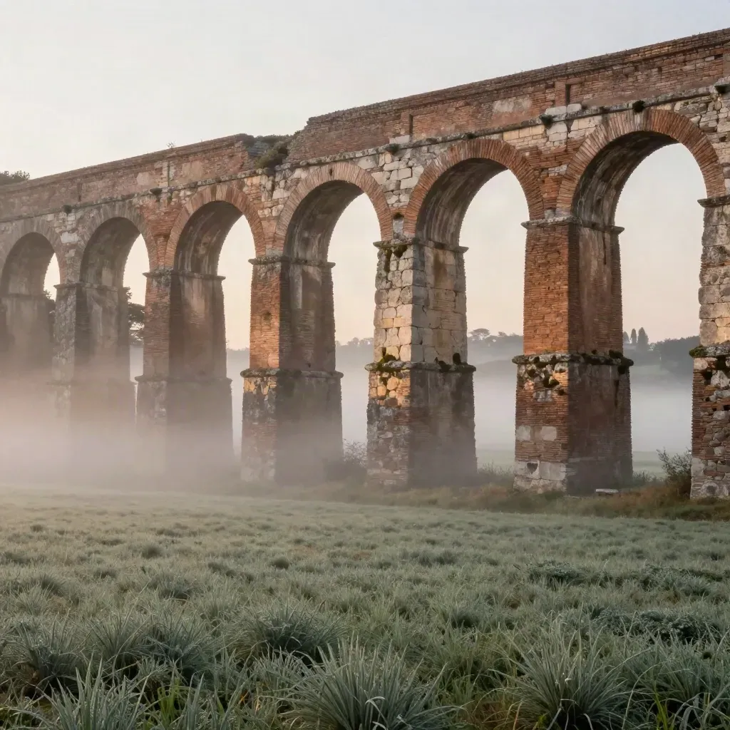 Archi dell’Acquedotto Claudio nella campagna romana all’alba, con foschia calda e prato morbido.