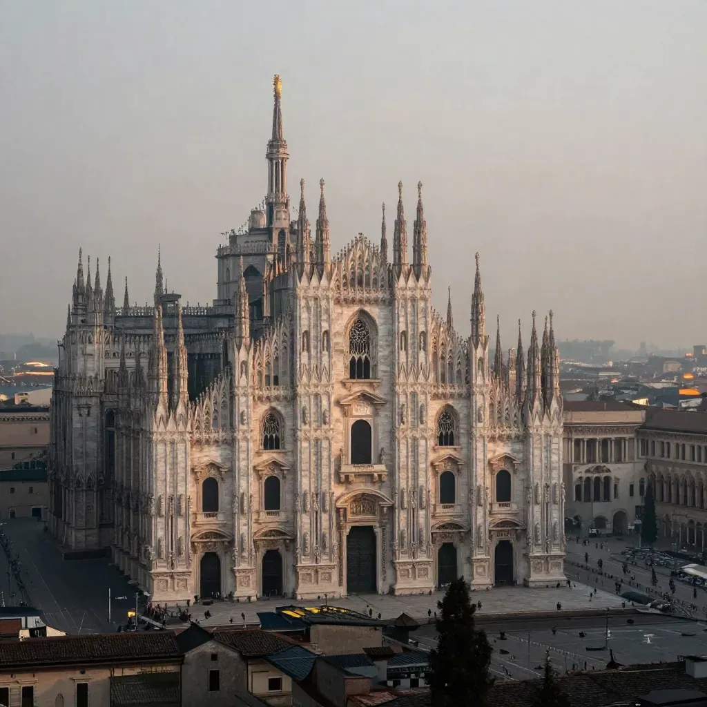 Il Duomo di Milano emerge dalla foschia sopra i tetti, in luce dorata e atmosfera calma.