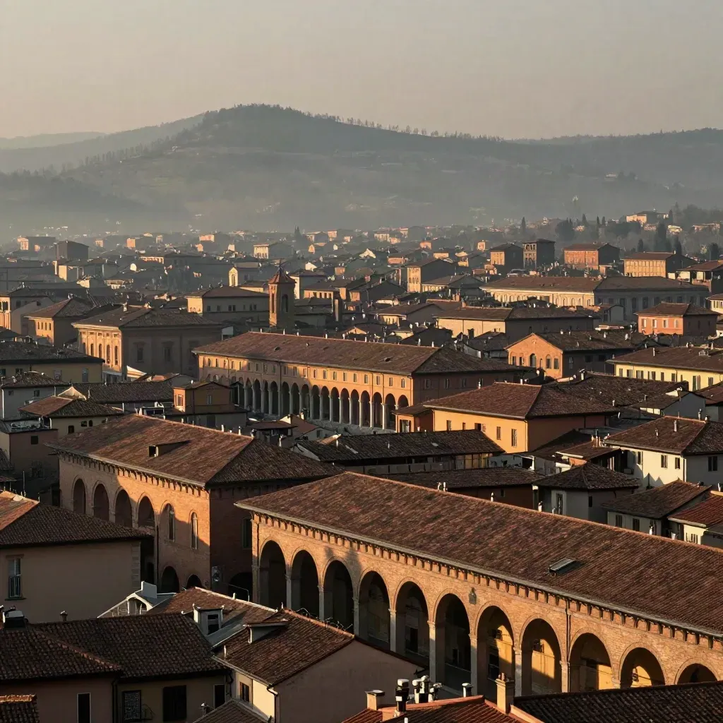 Portici di Bologna e colline in luce radente, città bassa velata e calma.