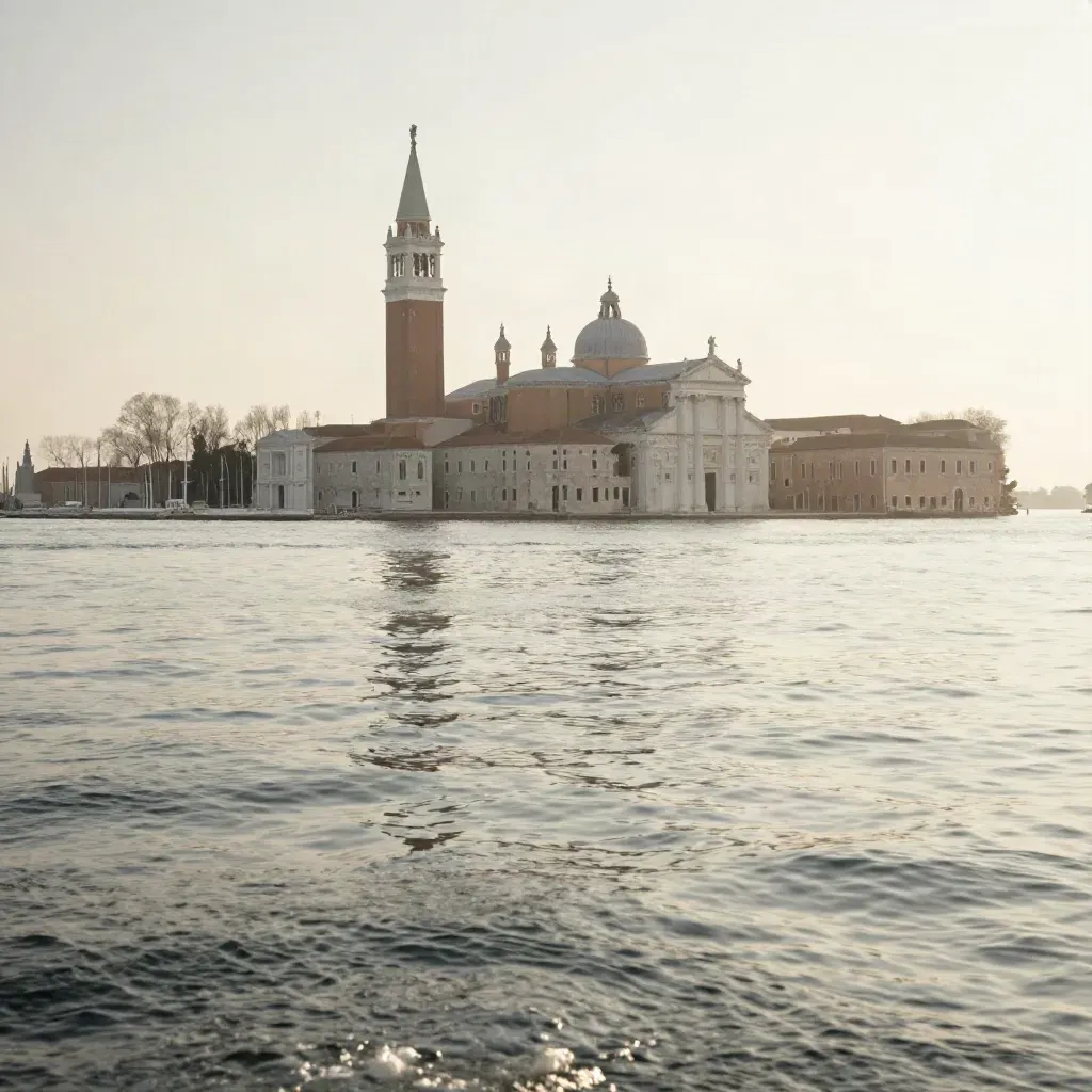 Campanile di San Marco sulla laguna di Venezia, luce lattiginosa e acqua calma.